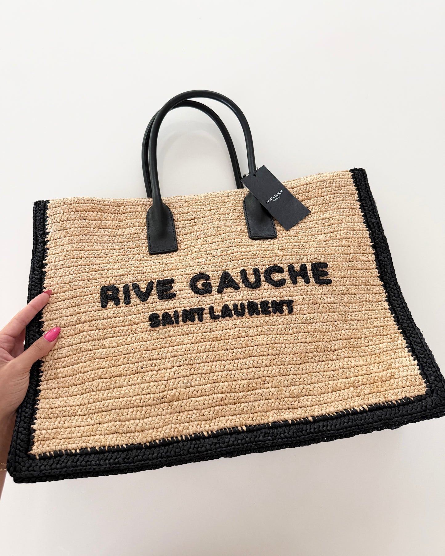 Saint Laurent Raffia and Black Leather Rive Gauche Tote