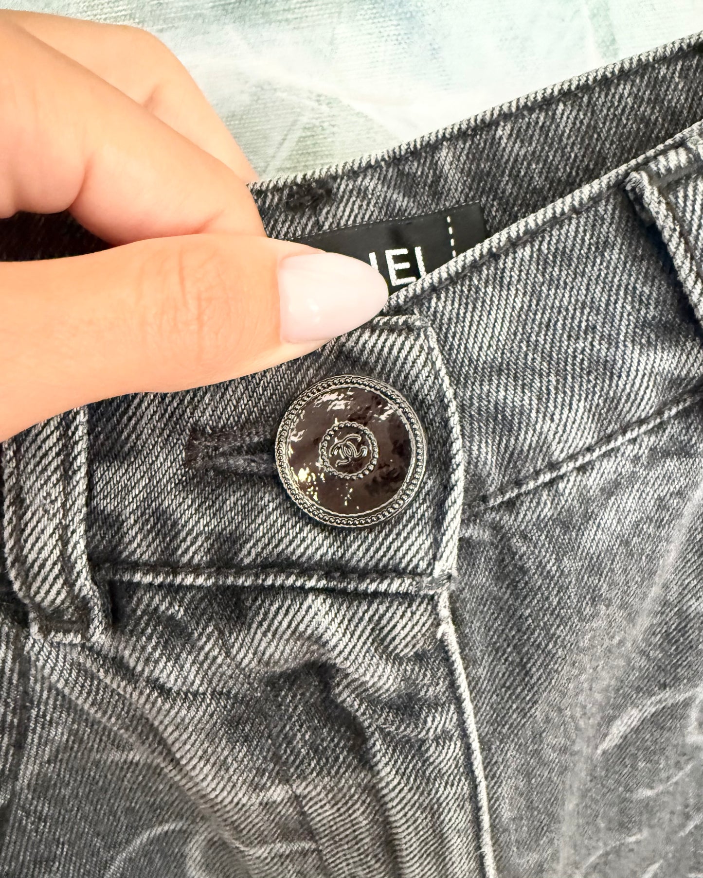Chanel Runway 23B Dark Grey Logo Baggy Denim with Silver Sequin Logos on Back Pockets size 34