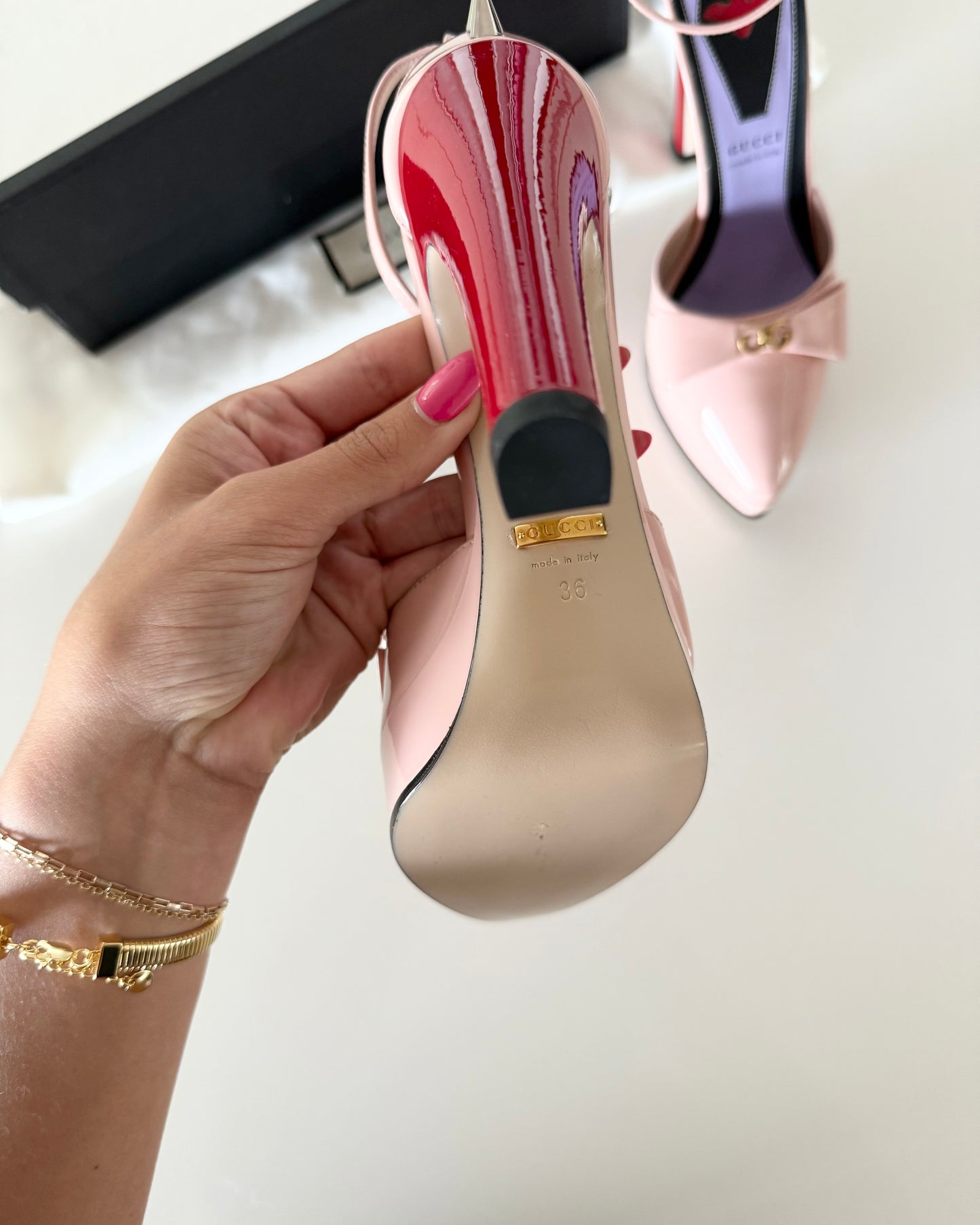 Gucci Light Pink Patent Logo Bow and Spiked D’Orsay with Red Platform Heels Size 36
