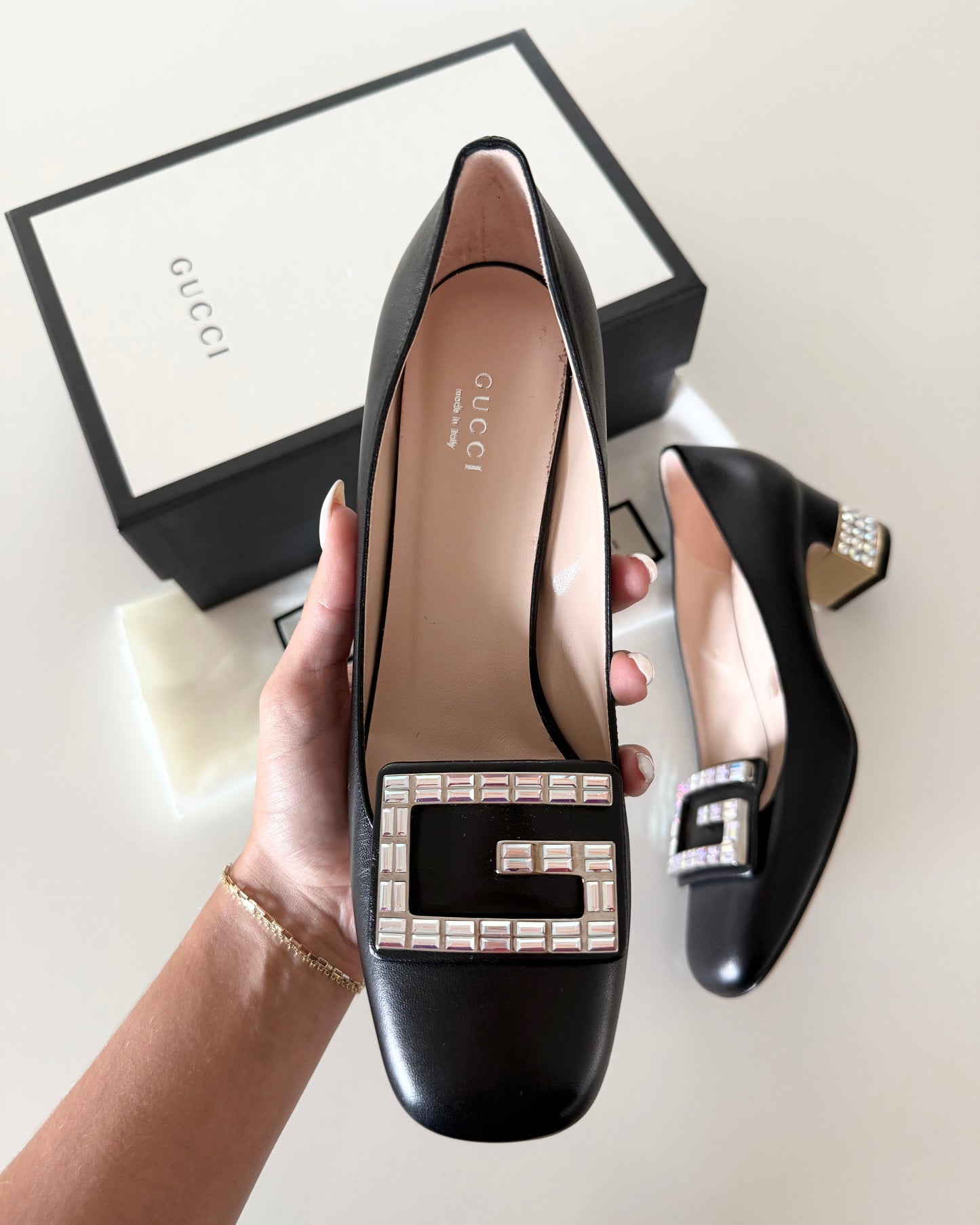 Gucci Black Mid Heel and Crystal Pumps Size 38