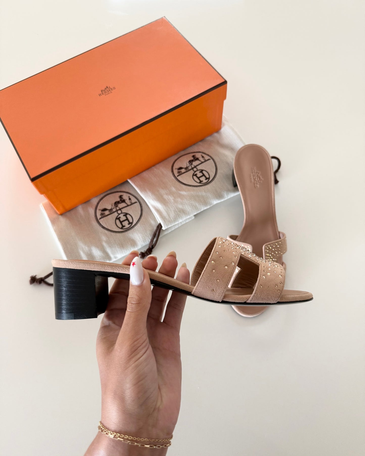 Hermes Suede Nude and Crystal Oasis Sandals size 37 new with box and dustbags