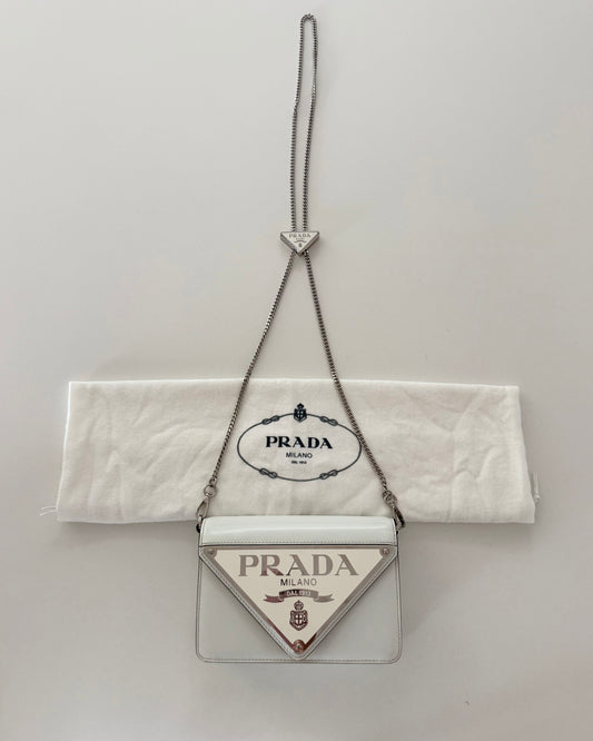 Prada White Maxi Triangle Logo Small Flap Bag