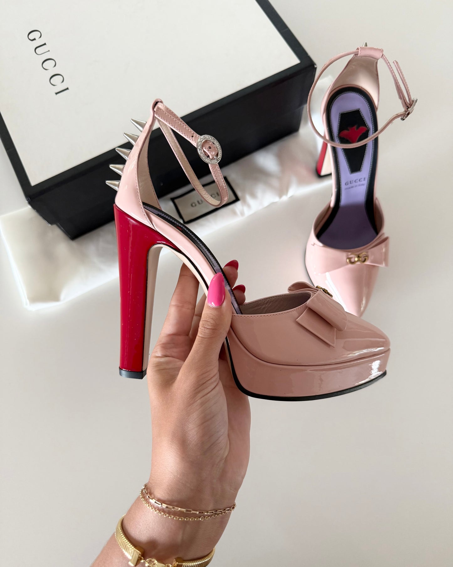 Gucci Light Pink Patent Logo Bow and Spiked D’Orsay with Red Platform Heels Size 36