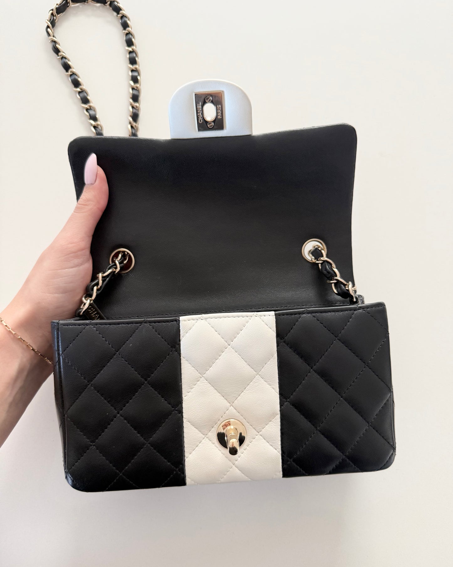 Chanel Black and White Lambskin Quilted Classic Mini Flap Bag