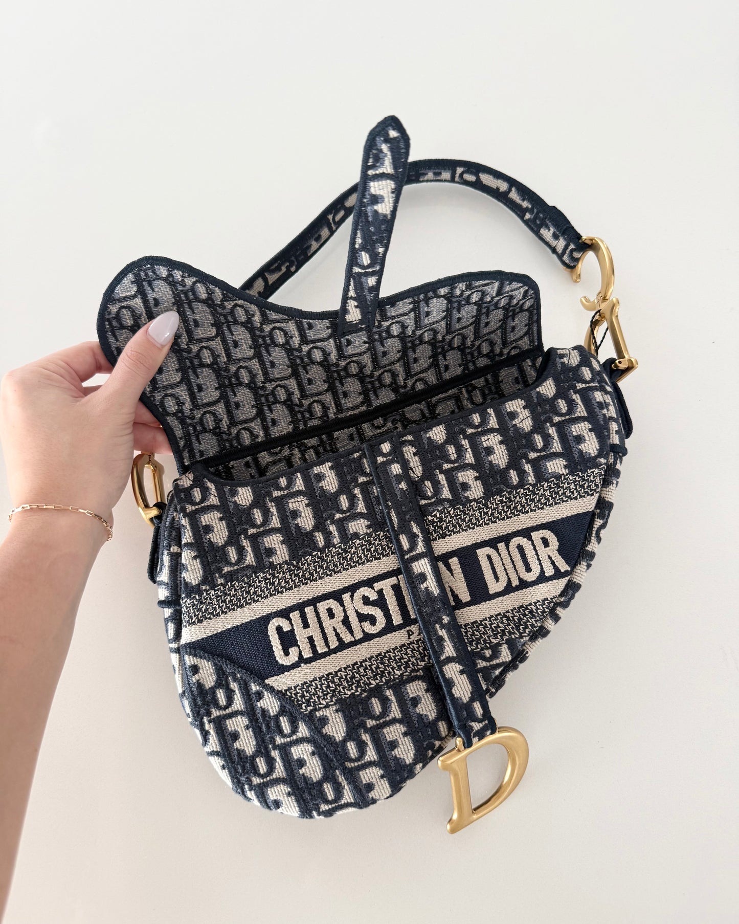 Christian Dior Blue Oblique Embroided Canvas Saddle Bag