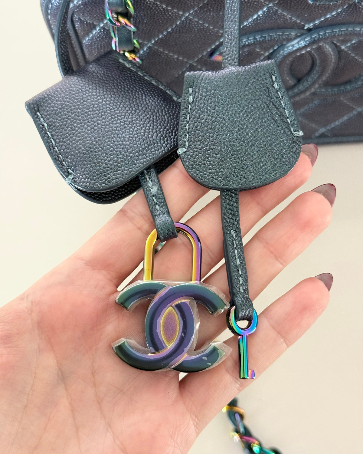 Chanel Dark Turquoise Iridescent Quilted Caviar Filigree Medium Vanity 26 series from 2018