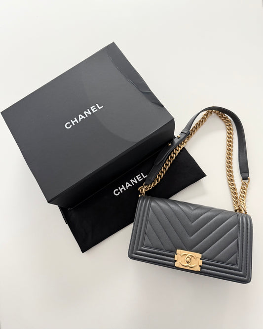 Chanel Dark Grey Caviar Medium Boy Bag