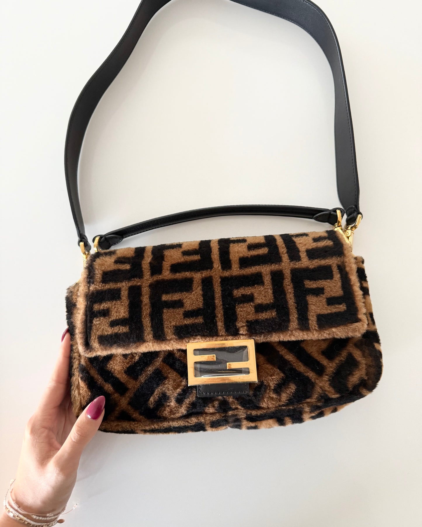 Fendi Limited Edition Shearling Macro FF Black/Tobacco Baguette