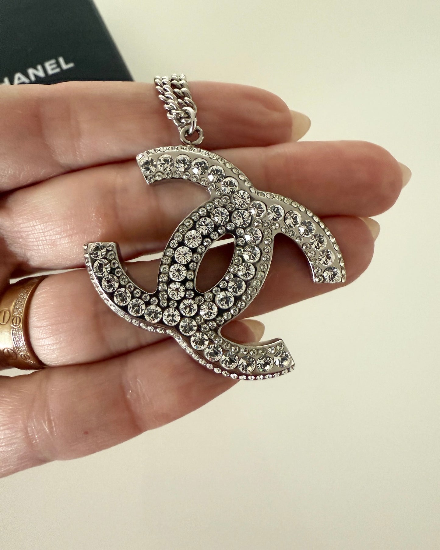 Chanel Silvertone Crystal Large CC Pendant Necklace