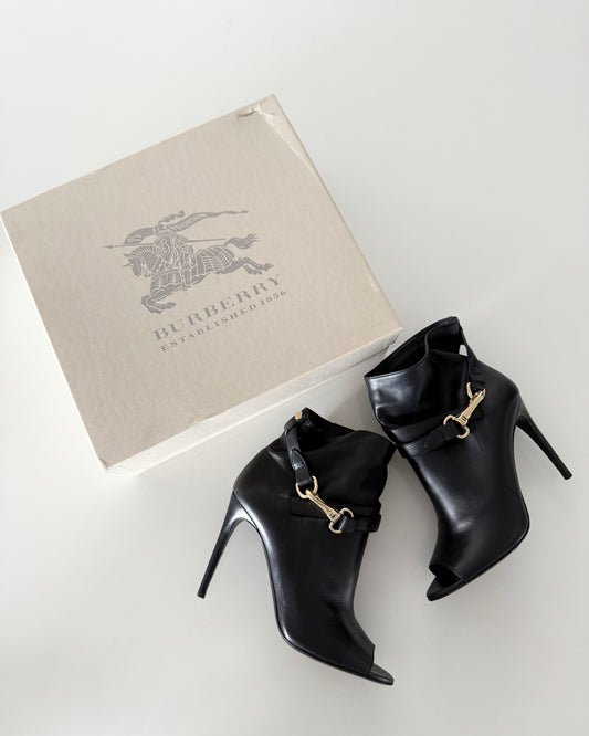 Burberry Black Icon Clip Housecheck Foleypeep Toe Ankle Boot Size 37.5