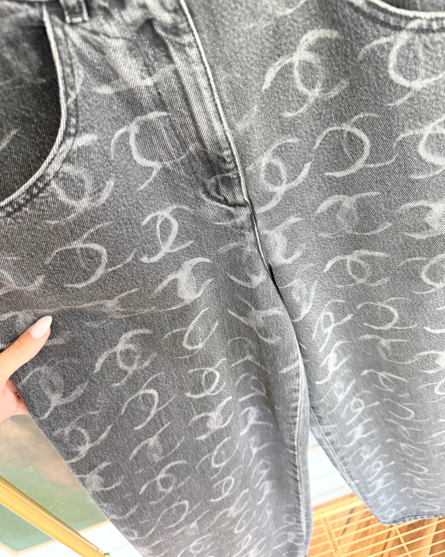 Chanel Runway 23B Dark Grey Logo Baggy Denim with Silver Sequin Logos on Back Pockets size 34