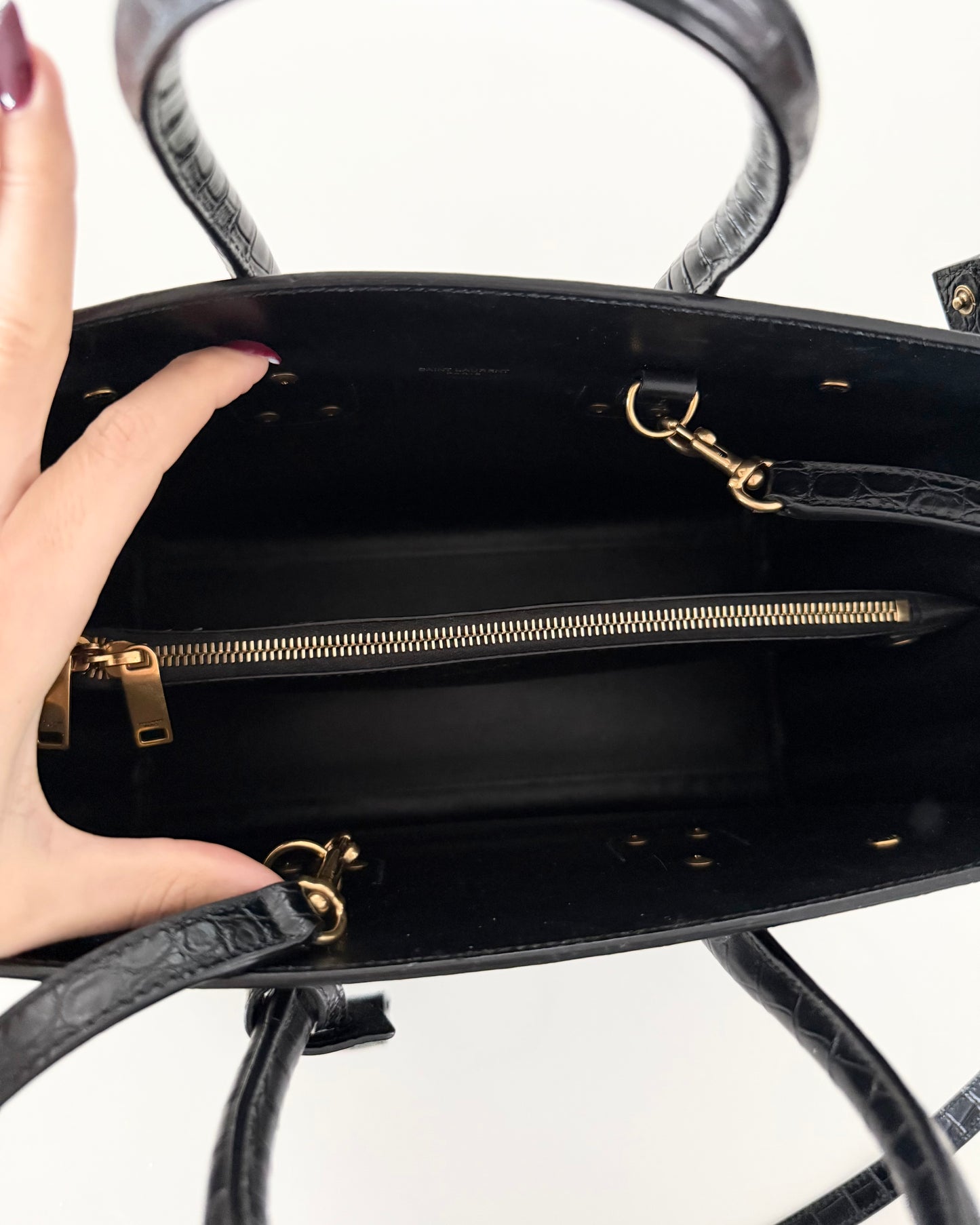 Saint Laurent Black Croc Embossed Small Sac De Jour