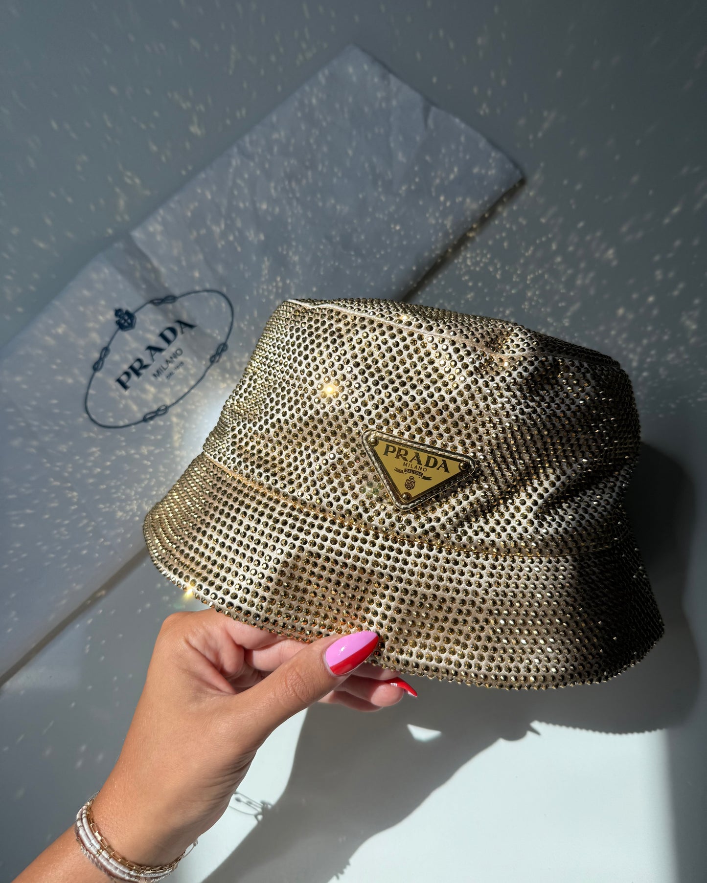 Prada Gold Crystal Satin Embellished Bucket Hat size Medium