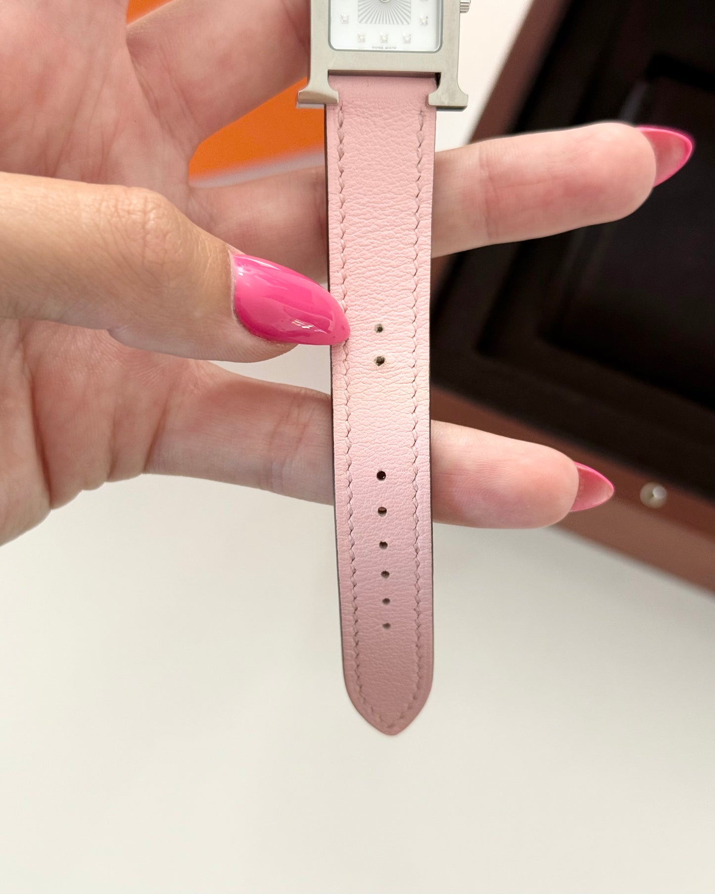 Hermes Pink Sakura and Steel Small Model Heure H Watch with Diamond Set and White Mother of Pearl dial from 2023