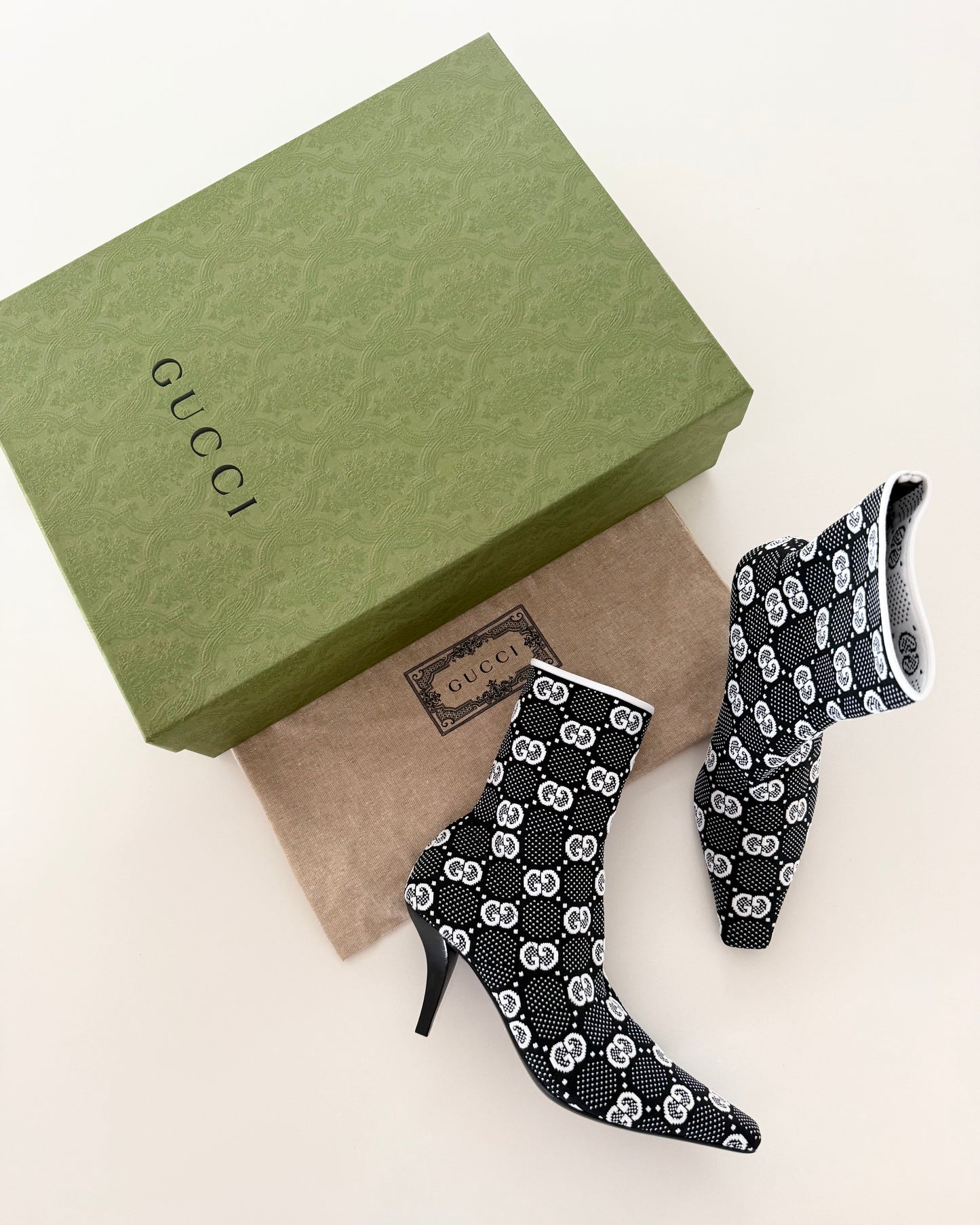 Gucci Black and White Logo Knit Sock Heel Boots Size 36