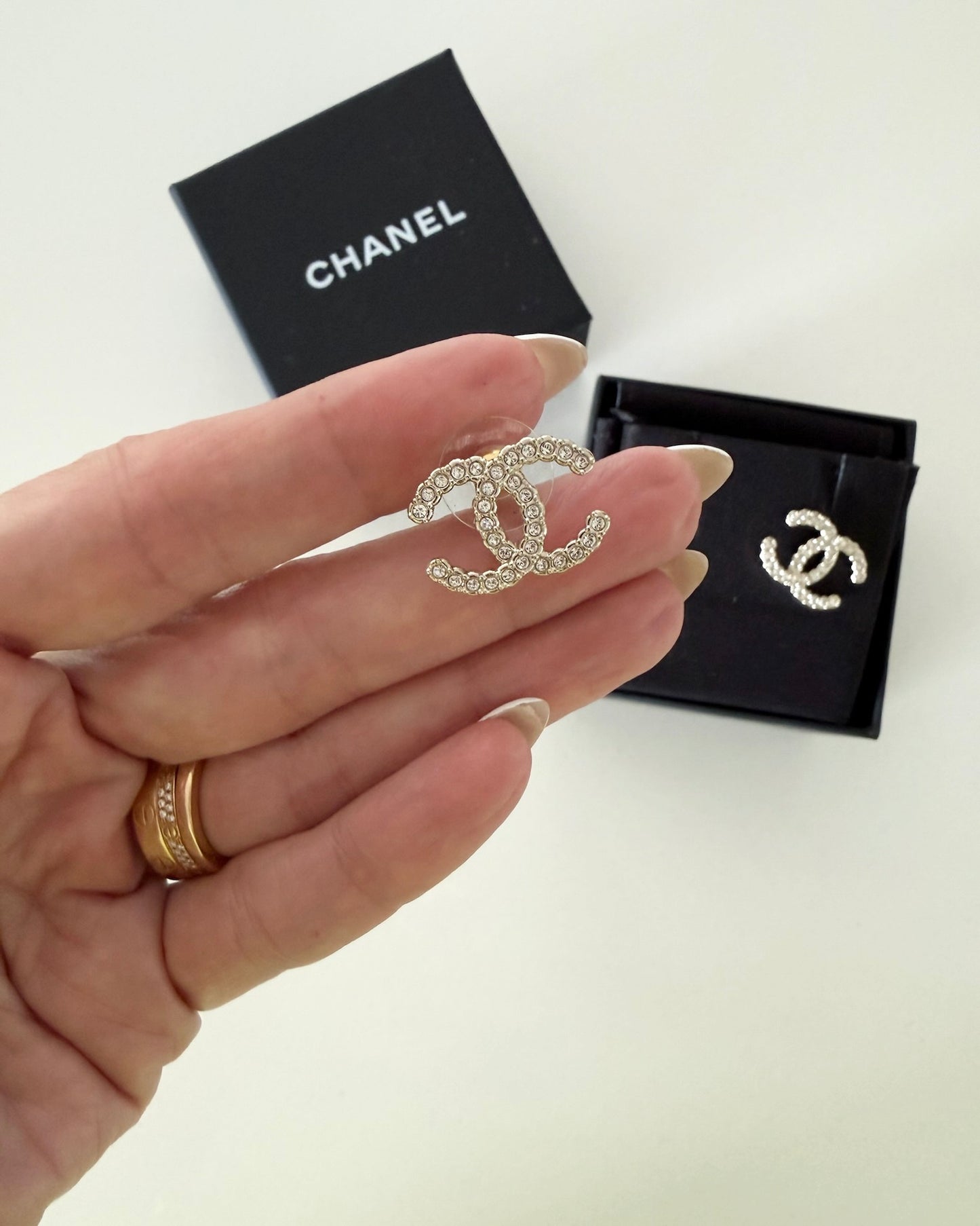 Chanel Light Goldtone Crystal Logo Studs