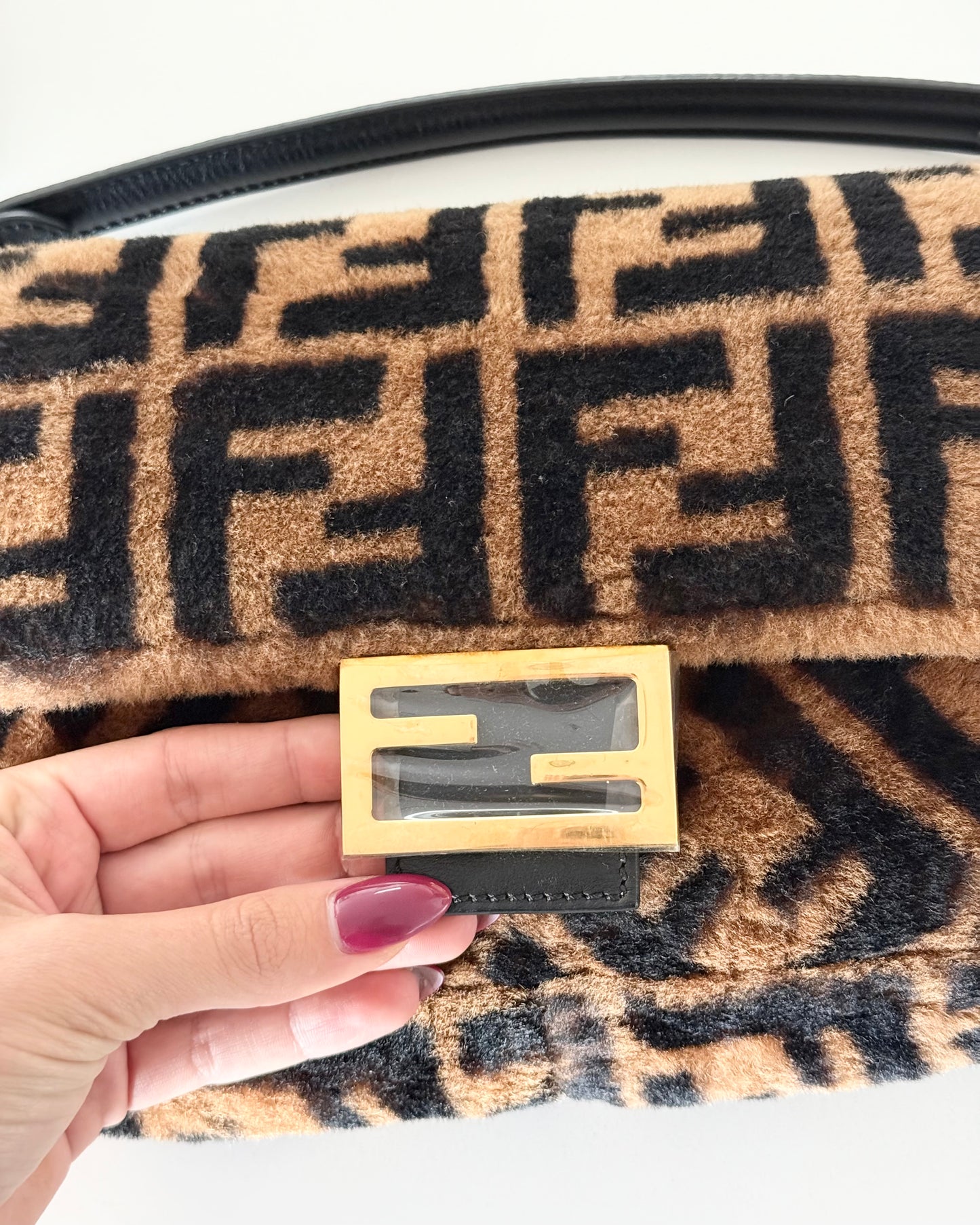 Fendi Limited Edition Shearling Macro FF Black/Tobacco Baguette