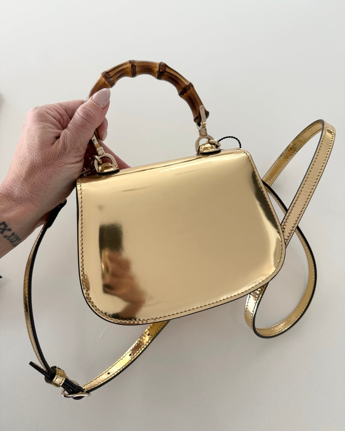 Gucci Limited Edition Gold Metallic Patent Leather Mini 1947 Bamboo Top Handle Bag