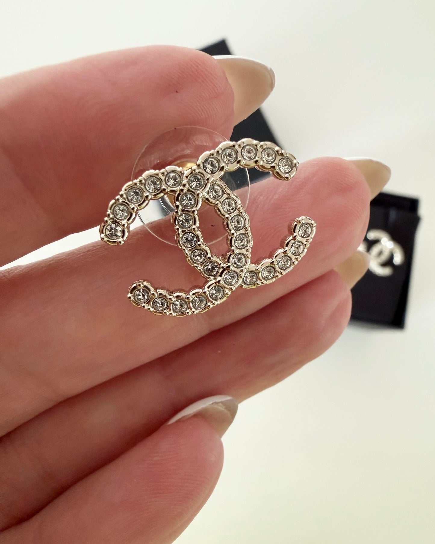 Chanel Light Goldtone Crystal Logo Studs