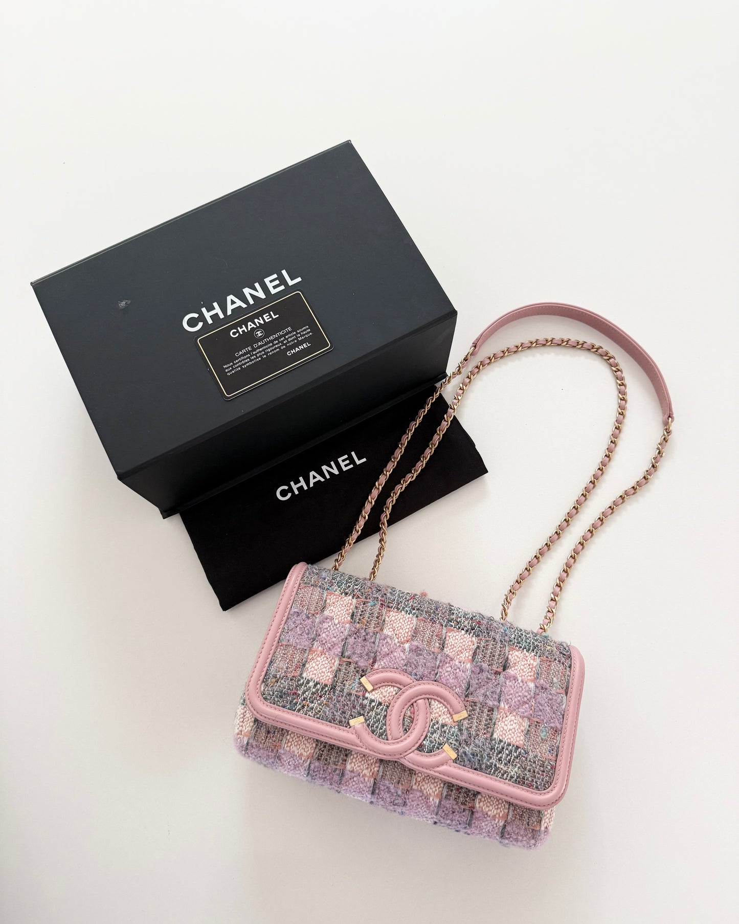Chanel Pink and Multicolor Tweed Filagree Flap Bag