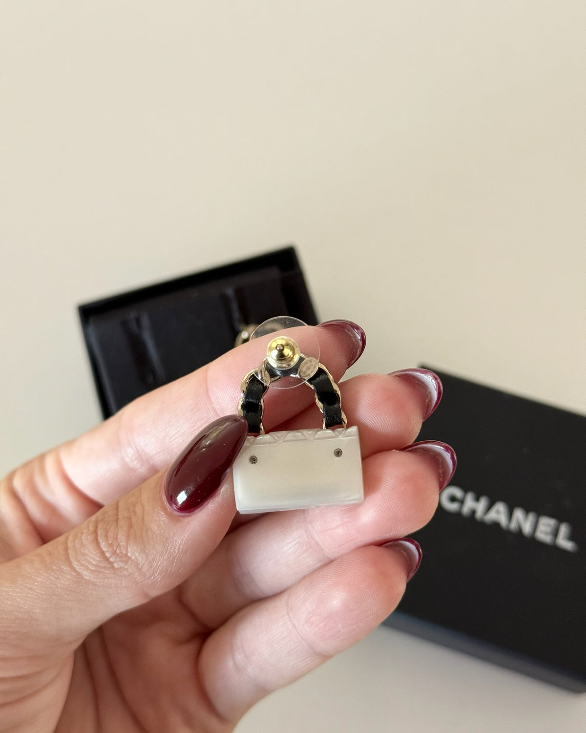 Chanel RARE Goldtone, Black Leather, and Pearl Purse Earrings from B23