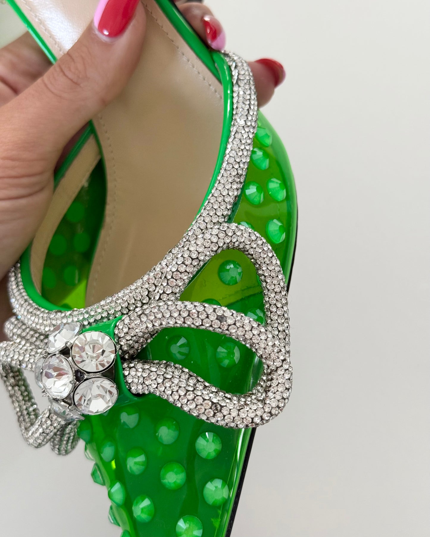 Mach & Mach Limited Edition Green PVC Spotted Double Wrap Bow Embellished Pumps
