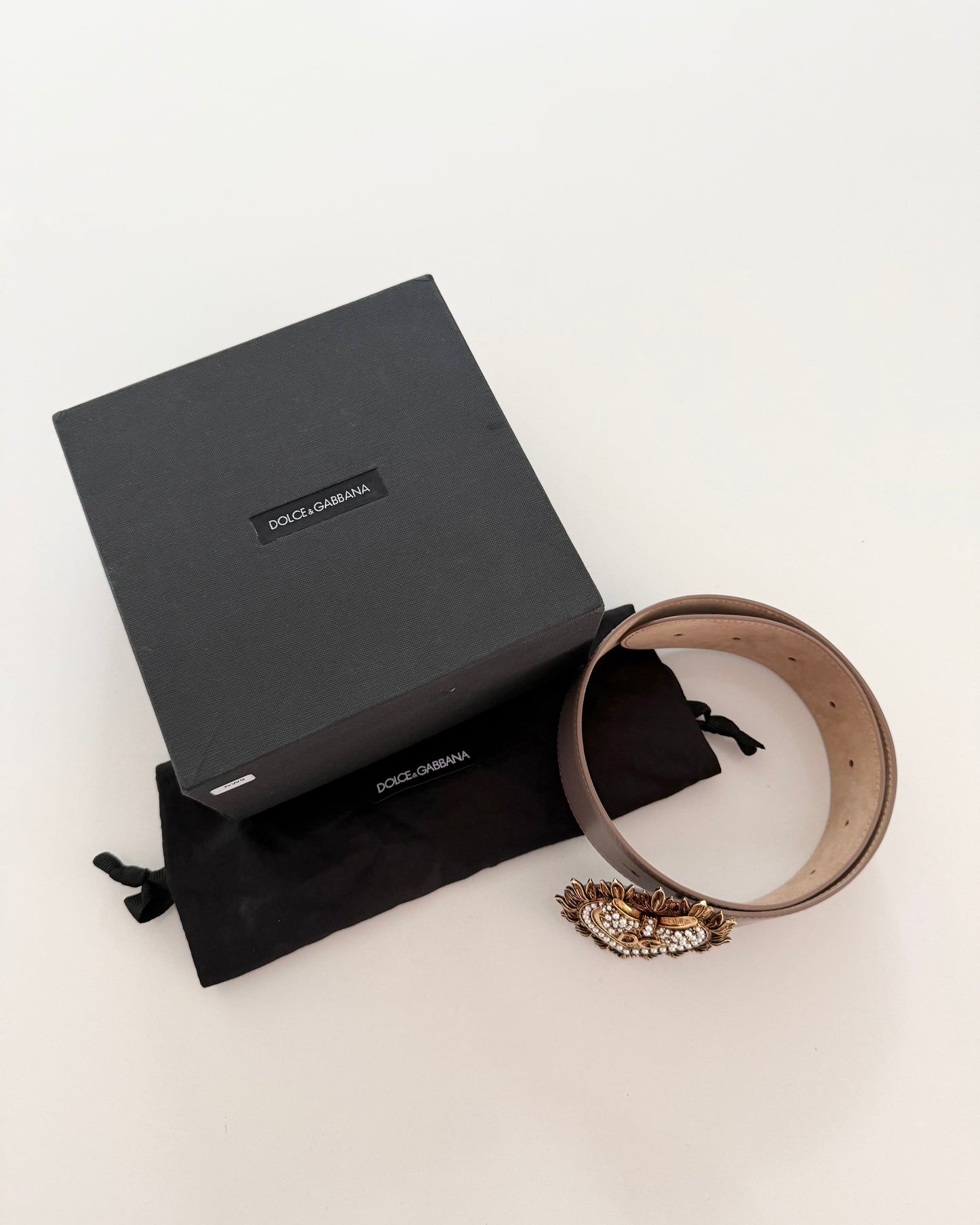 Dolce and Gabbana Nude and Rose Gold Heart Devotion Belt Size 75
