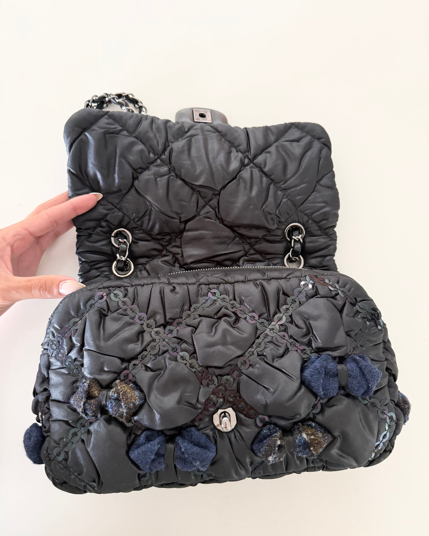 Chanel RARE Black Puffy Nylon Navy Tweed Bow and Sequin Bubble Flap Bag