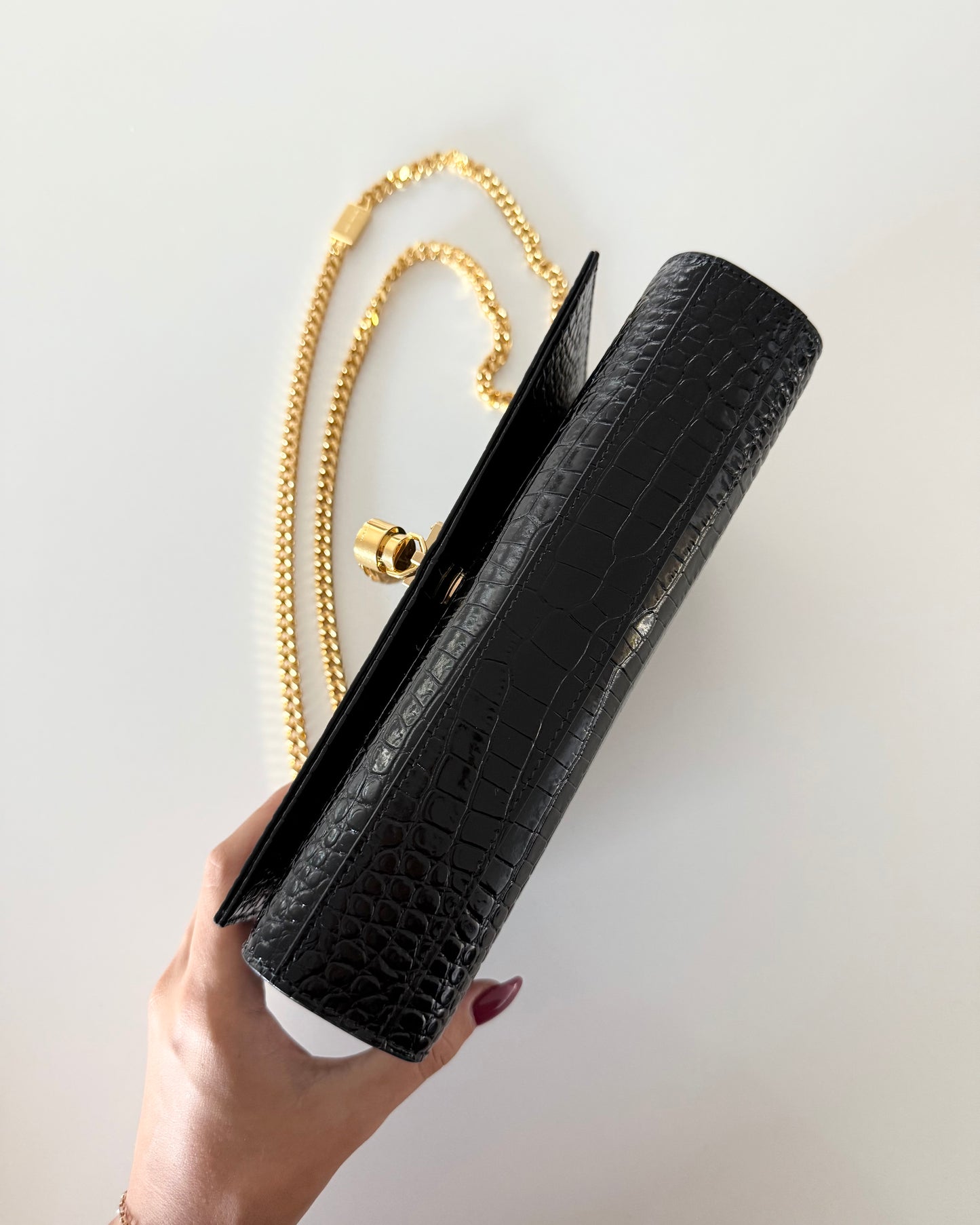 Saint Laurent Black Croc Embossed Patent Leather Medium Kate