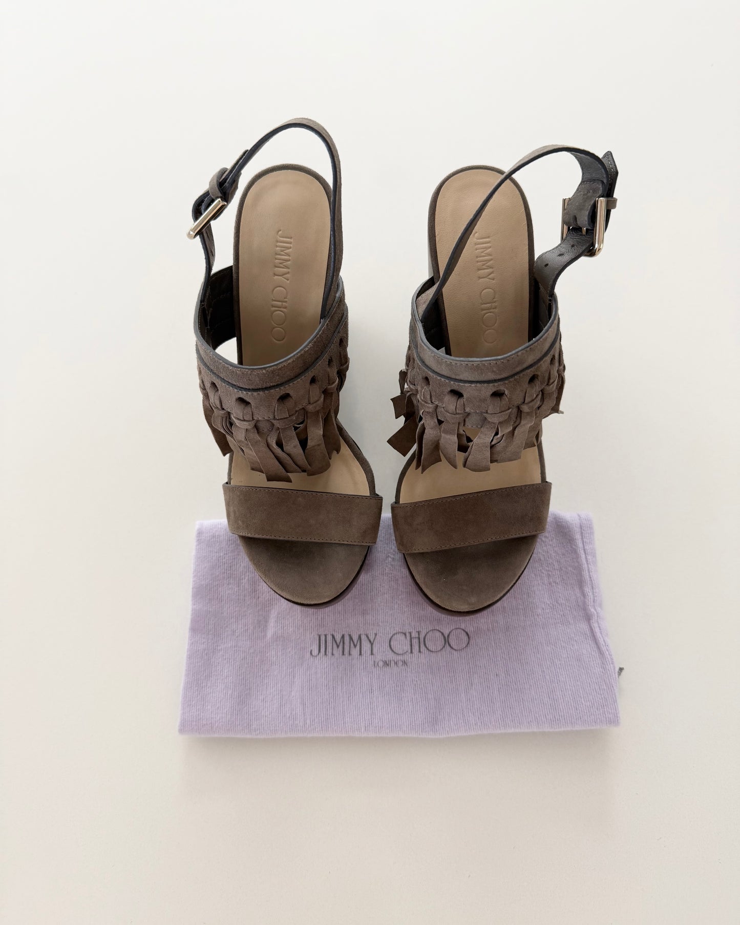 Jimmy Choo Taupe Suede Fringe Platform Wedges Size 37