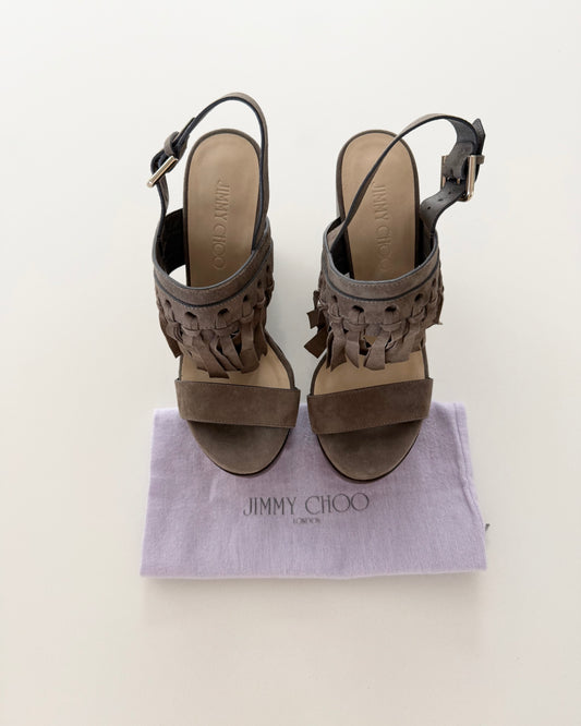 Jimmy Choo Taupe Suede Fringe Platform Wedges Size 37
