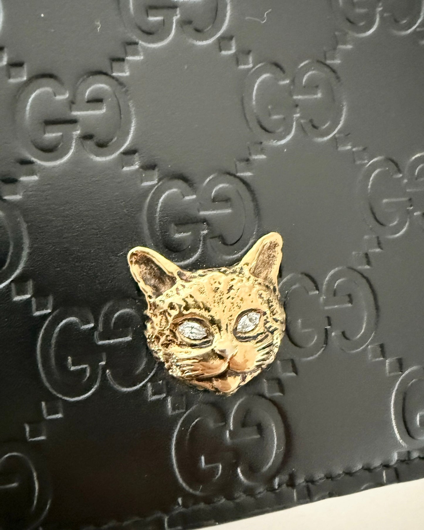 Gucci Black Guccissima Crystal Cat WOC