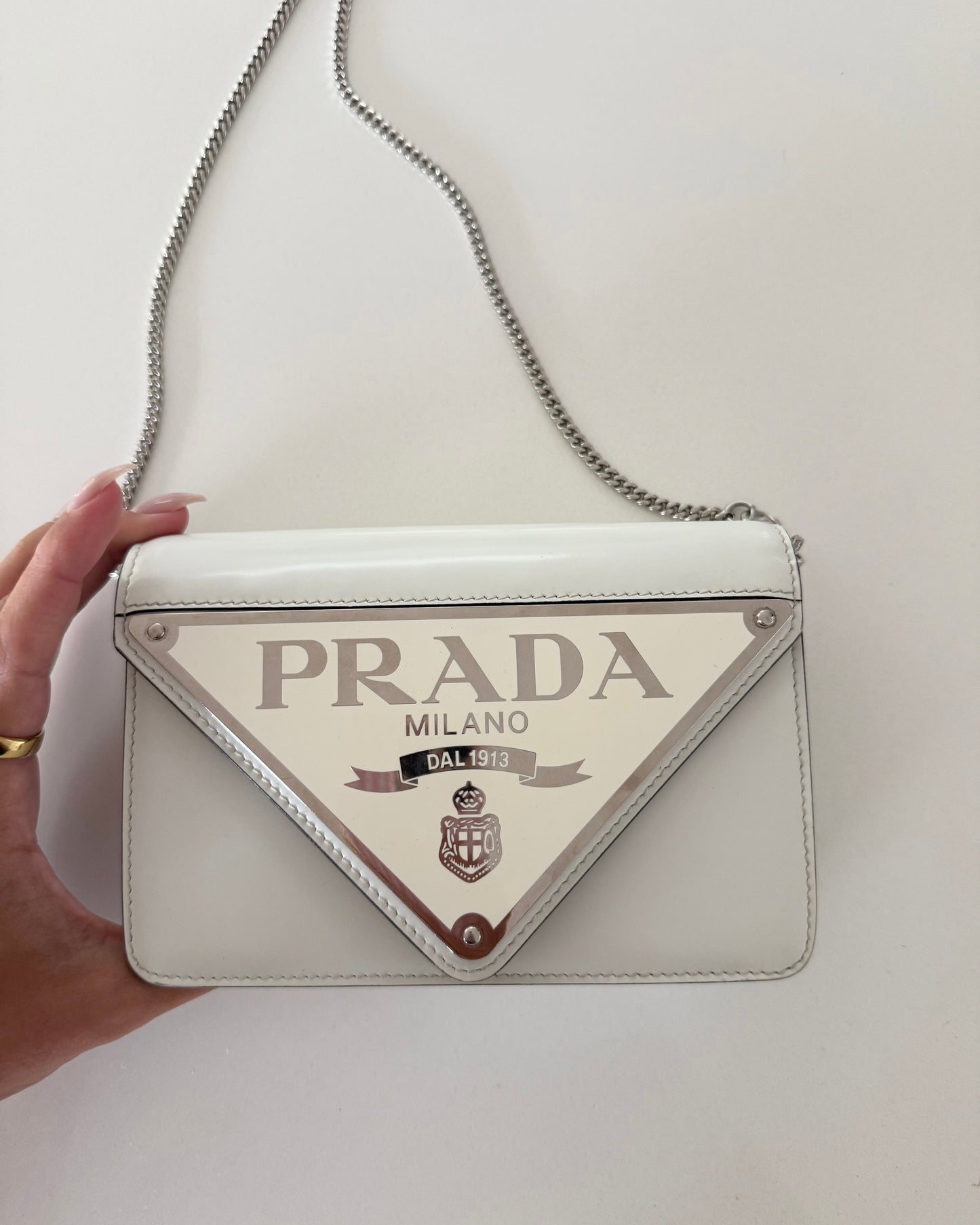Prada White Maxi Triangle Logo Small Flap Bag