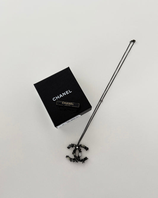 Chanel Ruthenium Metal Glitter Resin Faux Pearl and Crystal CC Double Sided Necklace from 2012