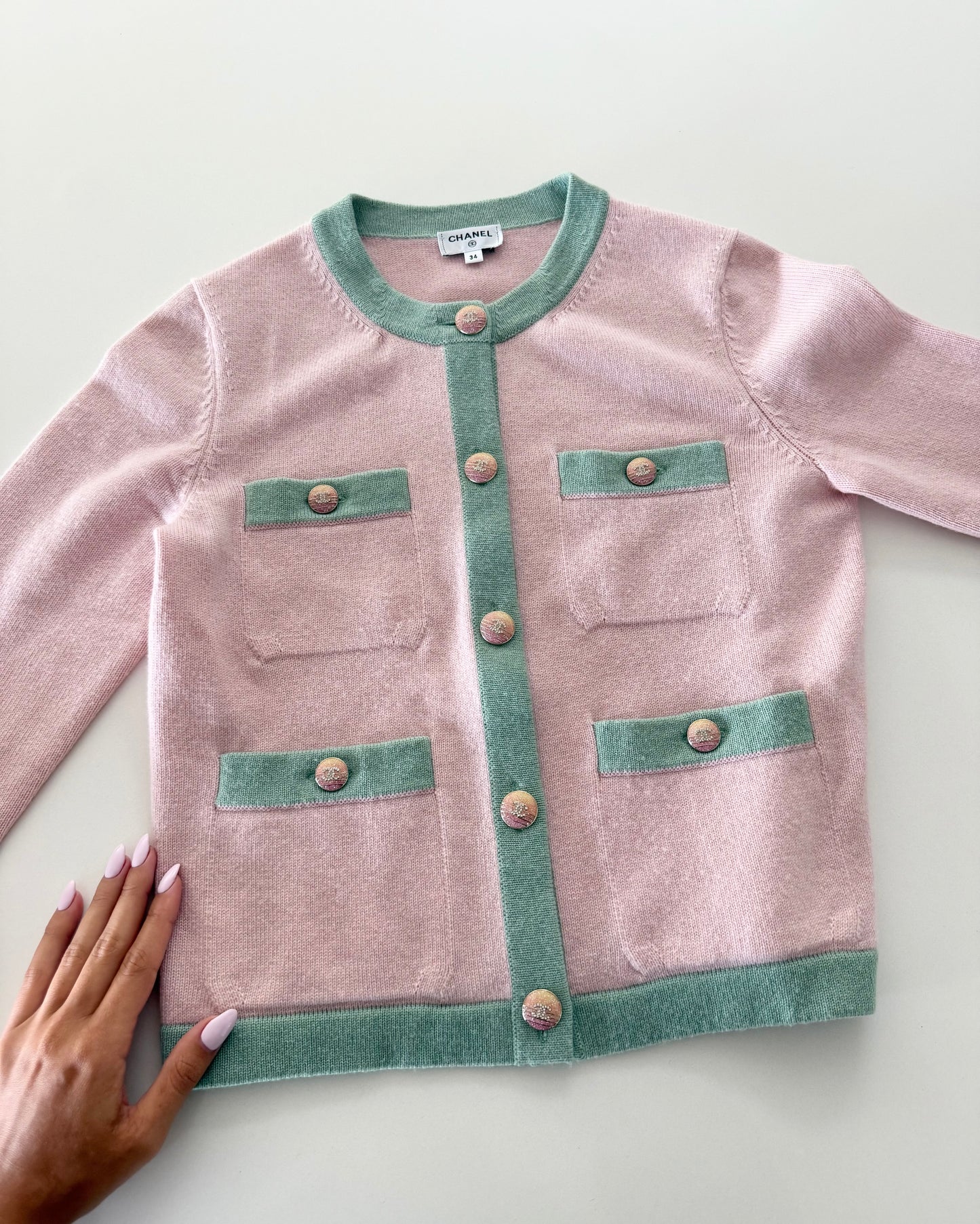Chanel RARE Pink Cashmere Cardigan with Green Trim and Crystal Logo Ombre Buttons Size 34