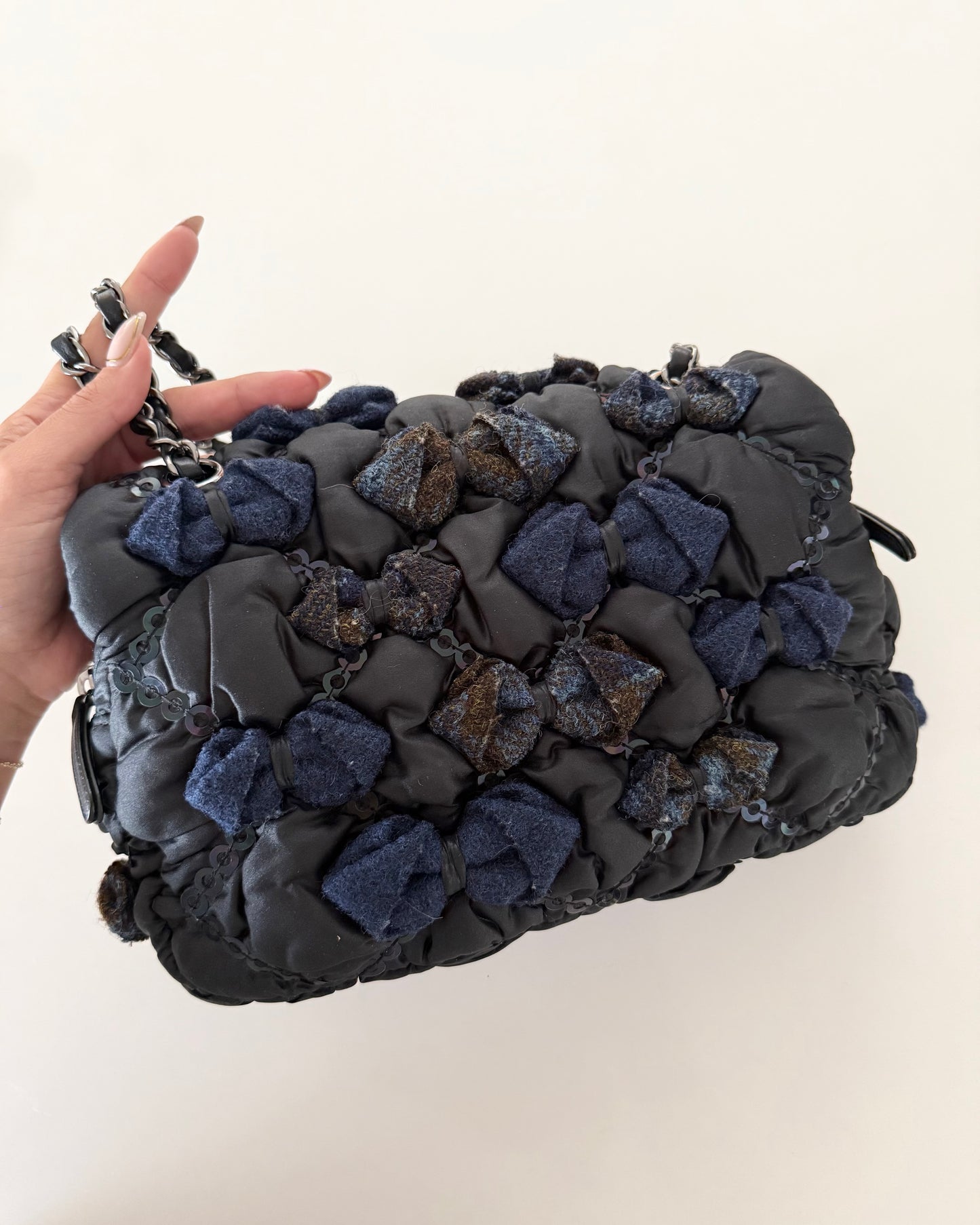 Chanel RARE Black Puffy Nylon Navy Tweed Bow and Sequin Bubble Flap Bag