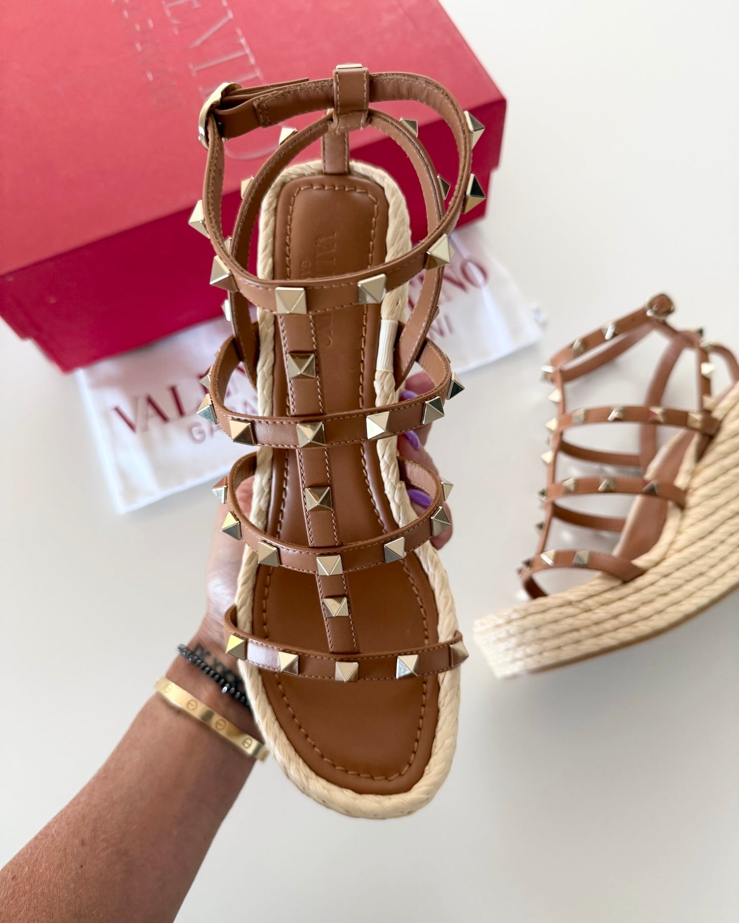 Valentino Tan Rockstud Ankle Wrap Raffia Wedges Size 37