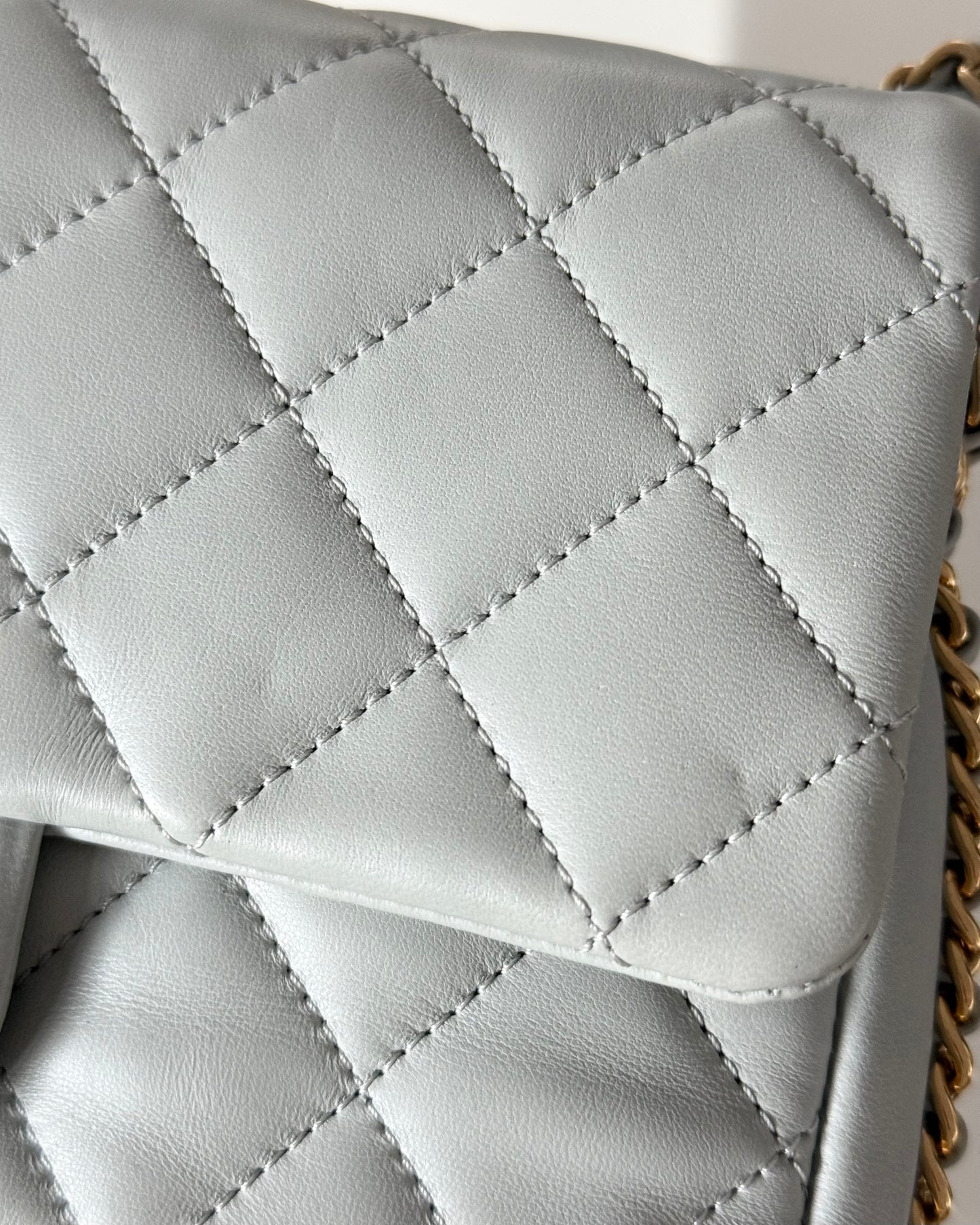 Chanel Light Grey Quilted Lambskin Leather CC Double Chain Flap Bag