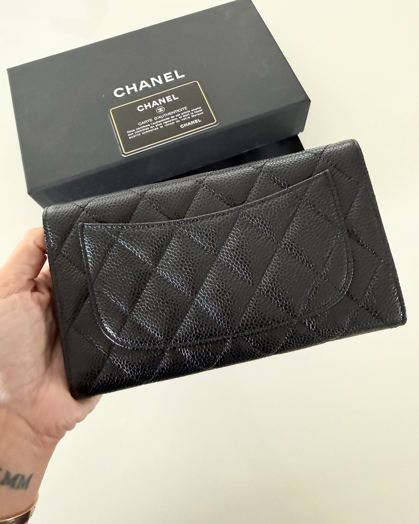 Chanel Black Caviar Flap Wallet with Silver Hardware