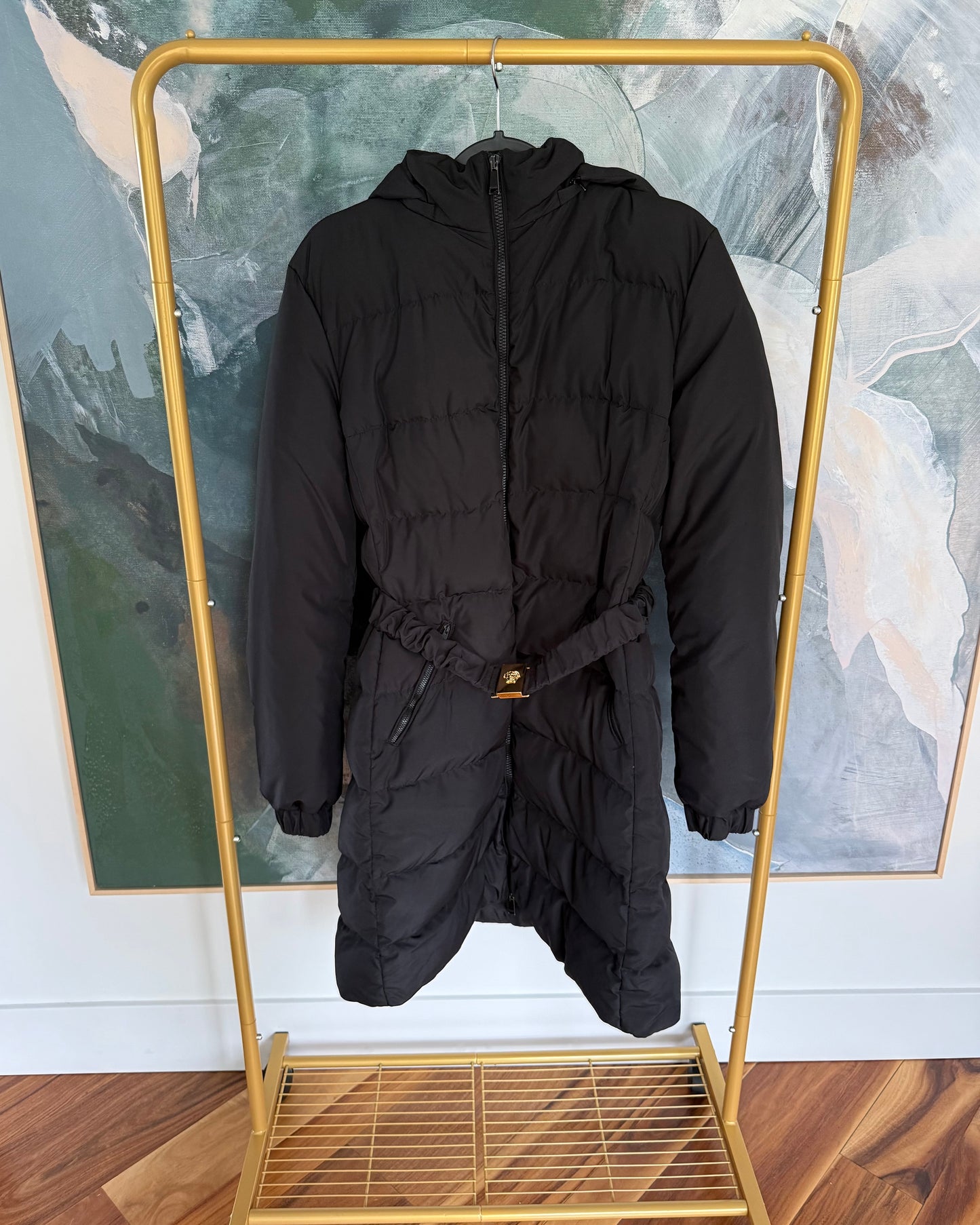 Versace Black Medusa Belted Removable Hooded Long Puffer Coat Size 46