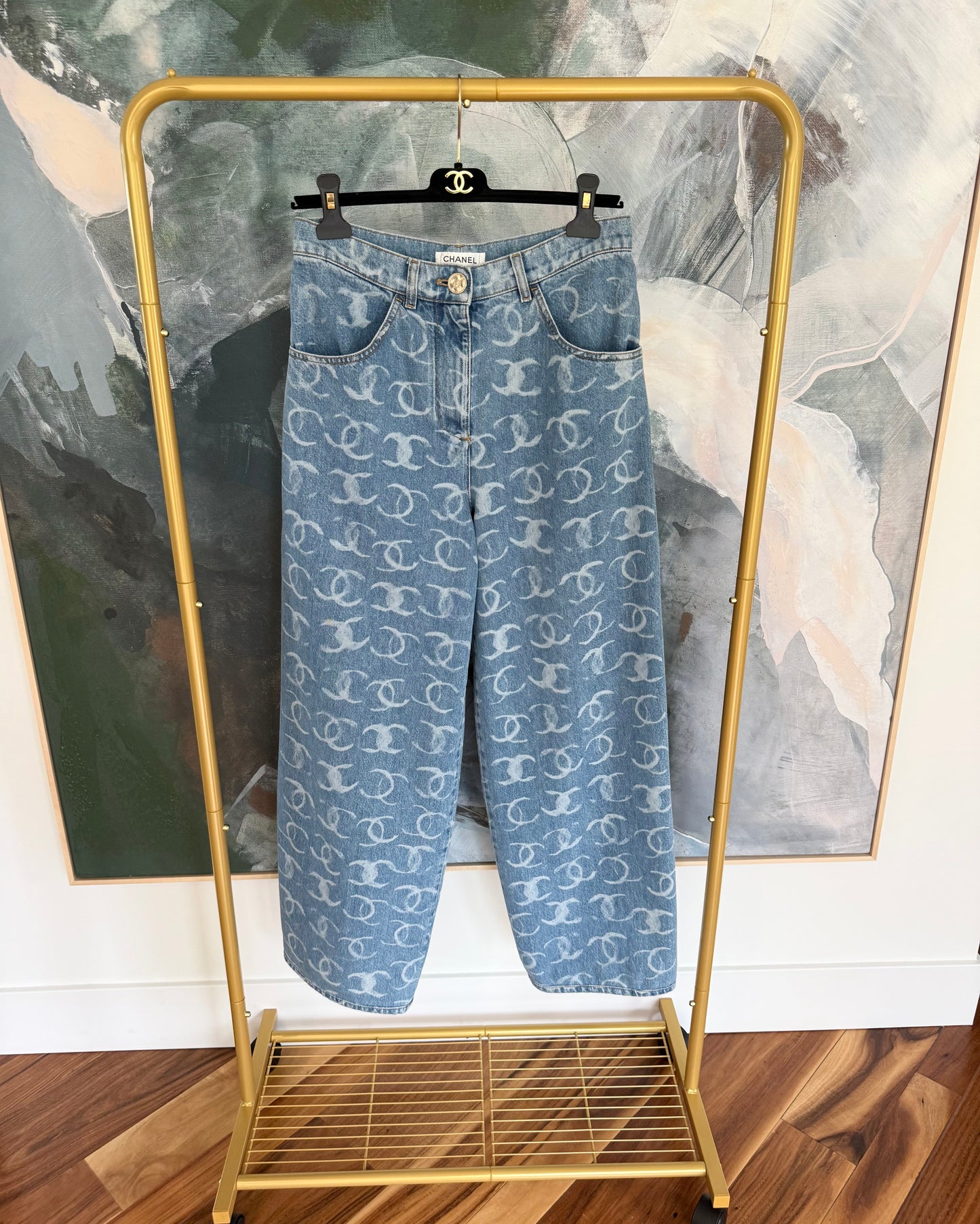 Chanel Runway from 23B Blue Logo Baggy Denim with Gold Logos on Back Pockets size 36