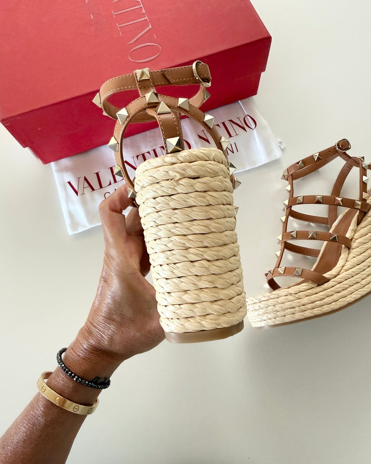 Valentino Tan Rockstud Ankle Wrap Raffia Wedges Size 37
