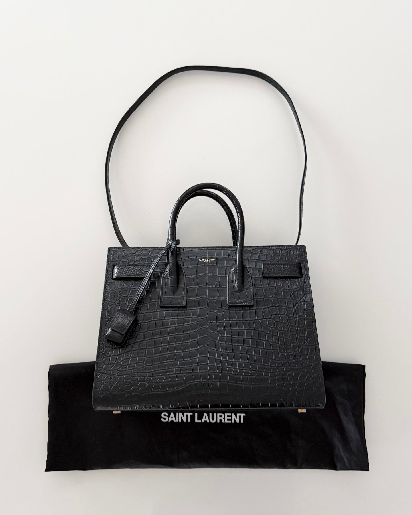 Saint Laurent Black Croc Embossed Small Sac De Jour