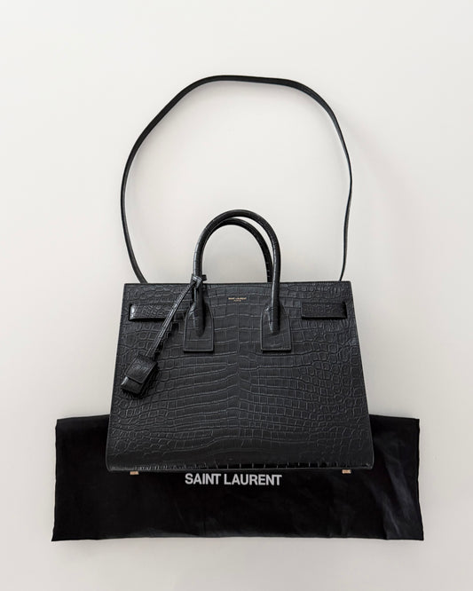 Saint Laurent Black Croc Embossed Small Sac De Jour