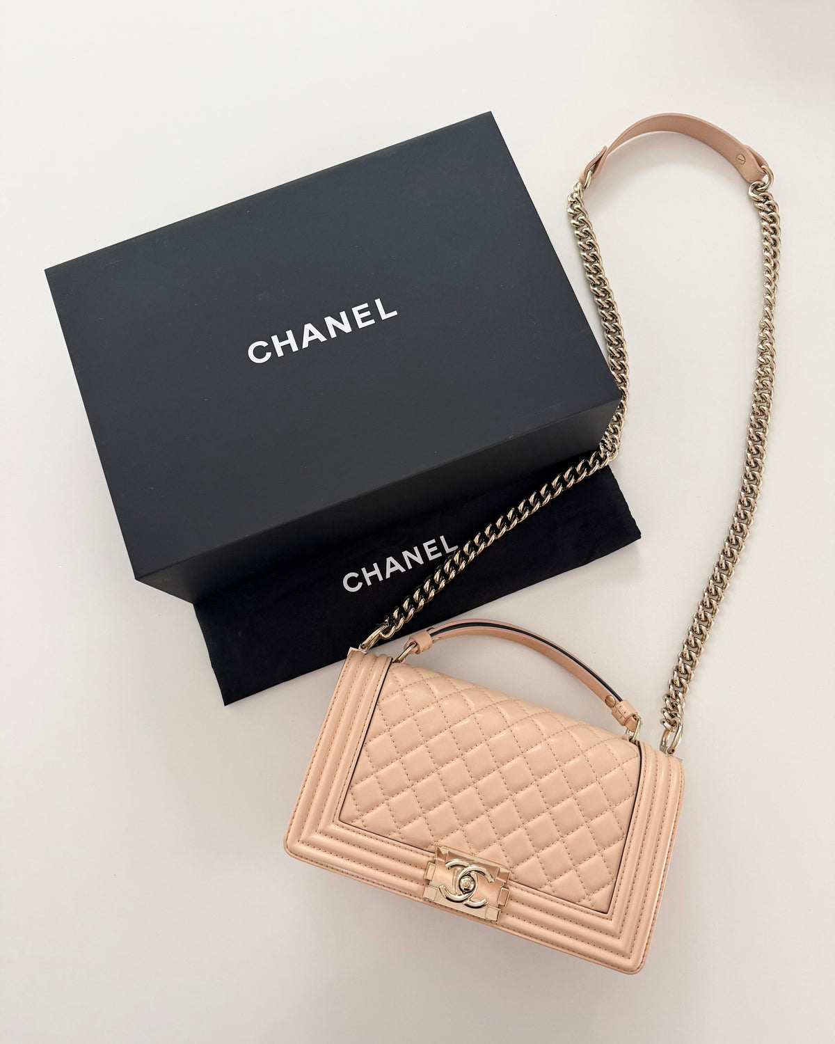 Chanel Rare Blush Leather Top Handle Medium Boy Bag 27 series from 2019
