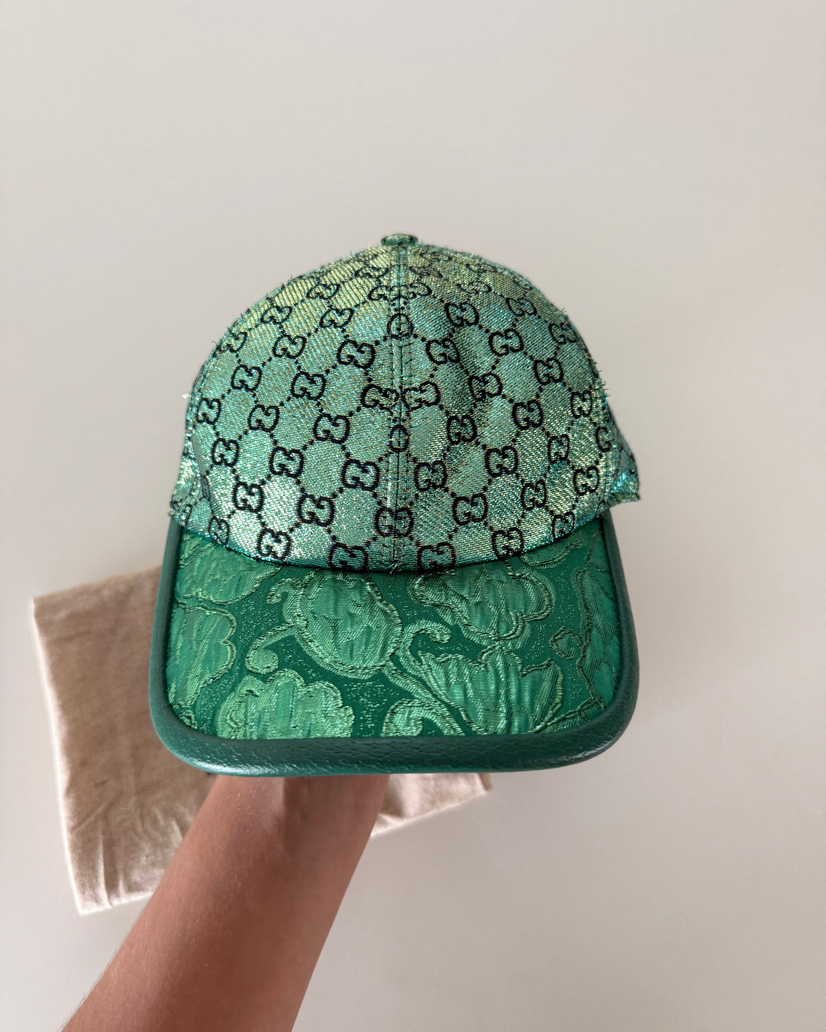 Gucci Limited Edition Green Metallic Logo Baseball Hat Size S