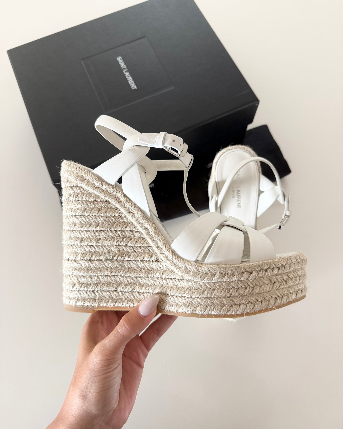 Saint Laurent White Leather Tribute Espardille 85 Wedges Size 40.5