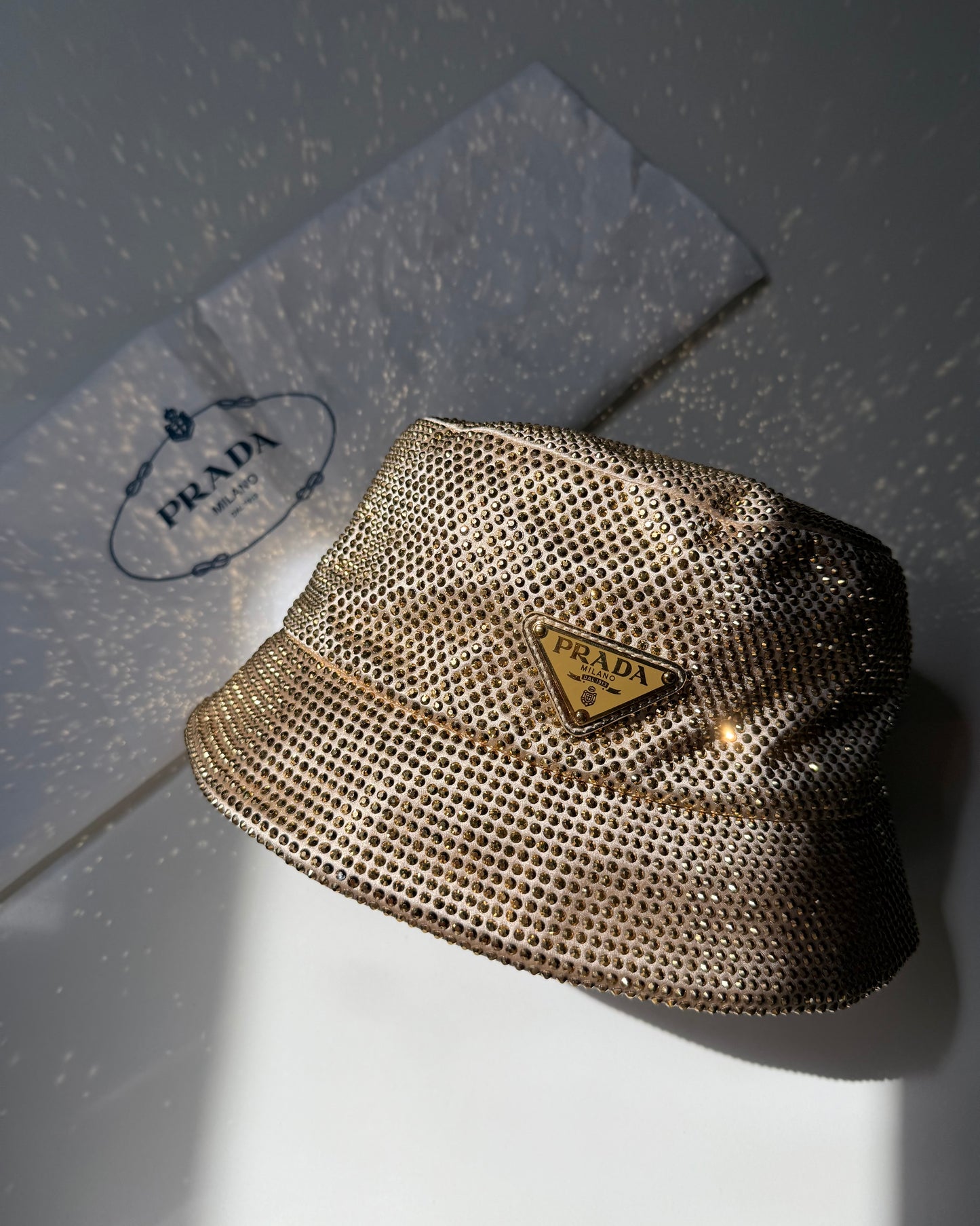 Prada Gold Crystal Satin Embellished Bucket Hat size Medium