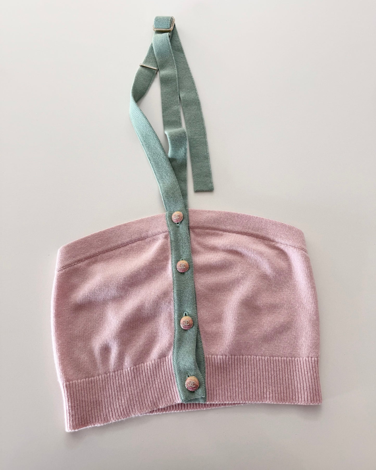 Chanel RARE Pink Cashmere Halter Top with Green Trim and Crystal Logo Ombre Buttons Size 34