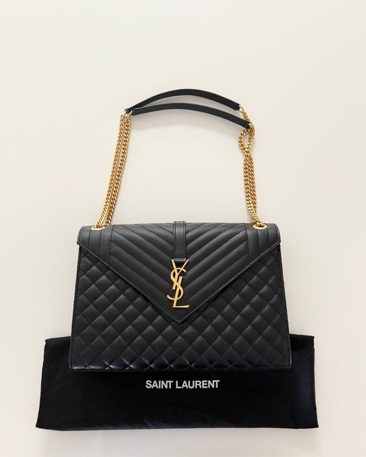 Saint Laurent Black Grained Leather Mix Matelasse Large Tri-Quilt